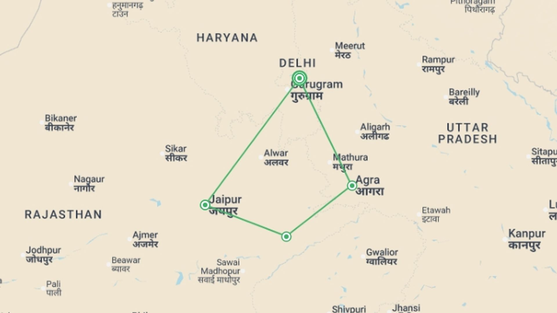 A map showing the tour itinerary for the trip: India's Golden Triangle, starting in New Delhi, India and ending in New Delhi, India going through 4 other destinations.