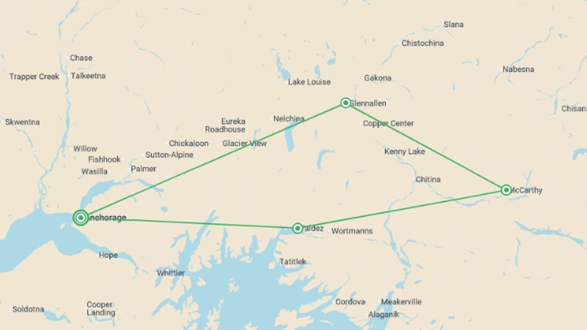 A map showing the tour itinerary for the trip: Hike Alaska: Valdez and Wrangell St Elias, starting in Anchorage, USA and ending in Anchorage, USA going through 3 other destinations.