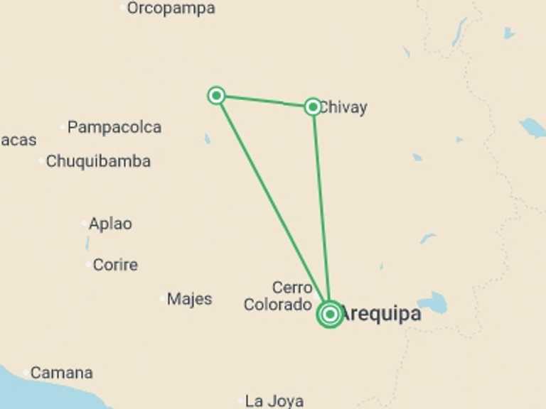 Map itinerary of Arequipa Tour in February 2026 with 3 destination visits for the trip: 3-day Colca Canyon Trek Adventure - Private Room - Transp/Guide