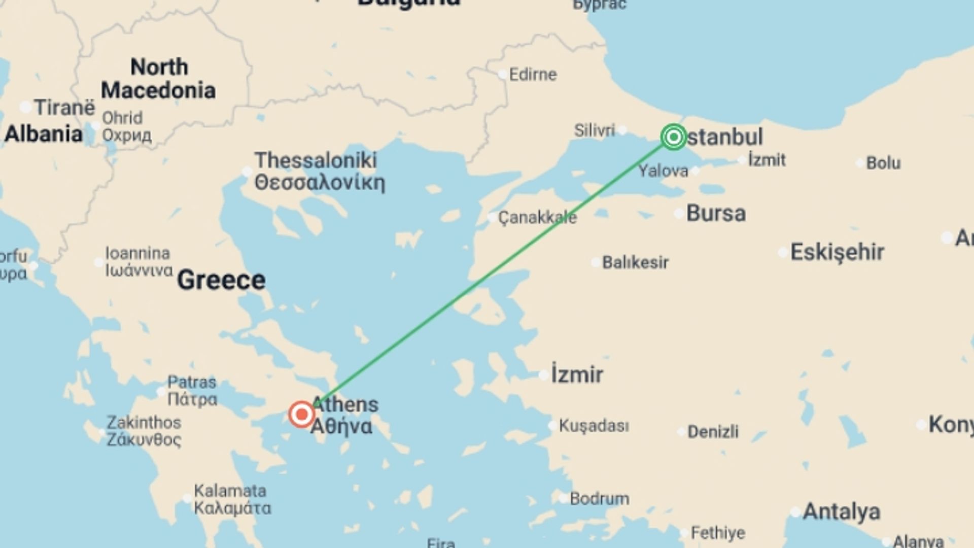 A map showing the tour itinerary for the trip: Istanbul & Athens Uncovered - 7 days, starting in Istanbul, Turkey and ending in Athens, Greece going through 0 other destinations.