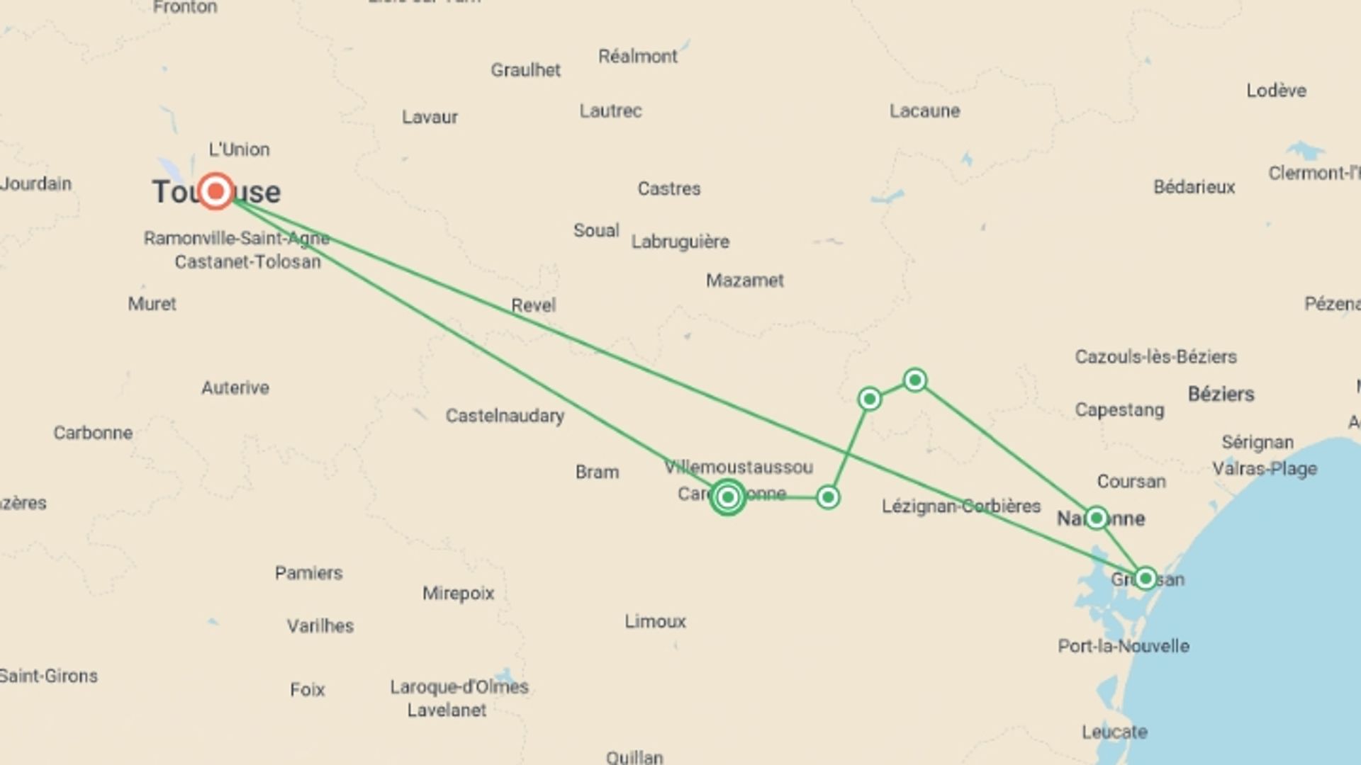 A map showing the tour itinerary for the trip: Cycling in France - Canals and Castles of the Midi, starting in Carcassonne, France and ending in Toulouse, France going through 5 other destinations.