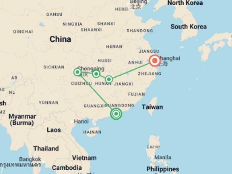 Map itinerary of Shanghai Tour in August 2026 with 5 destination visits for the trip: Southern China Highlights: Hong Kong to Shanghai