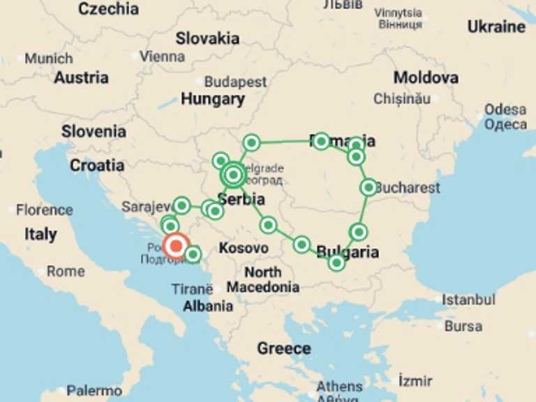 Map itinerary of Sarajevo Tour in August 2026 with 11 destination visits for the trip: Central Balkans Explorer - 19 days