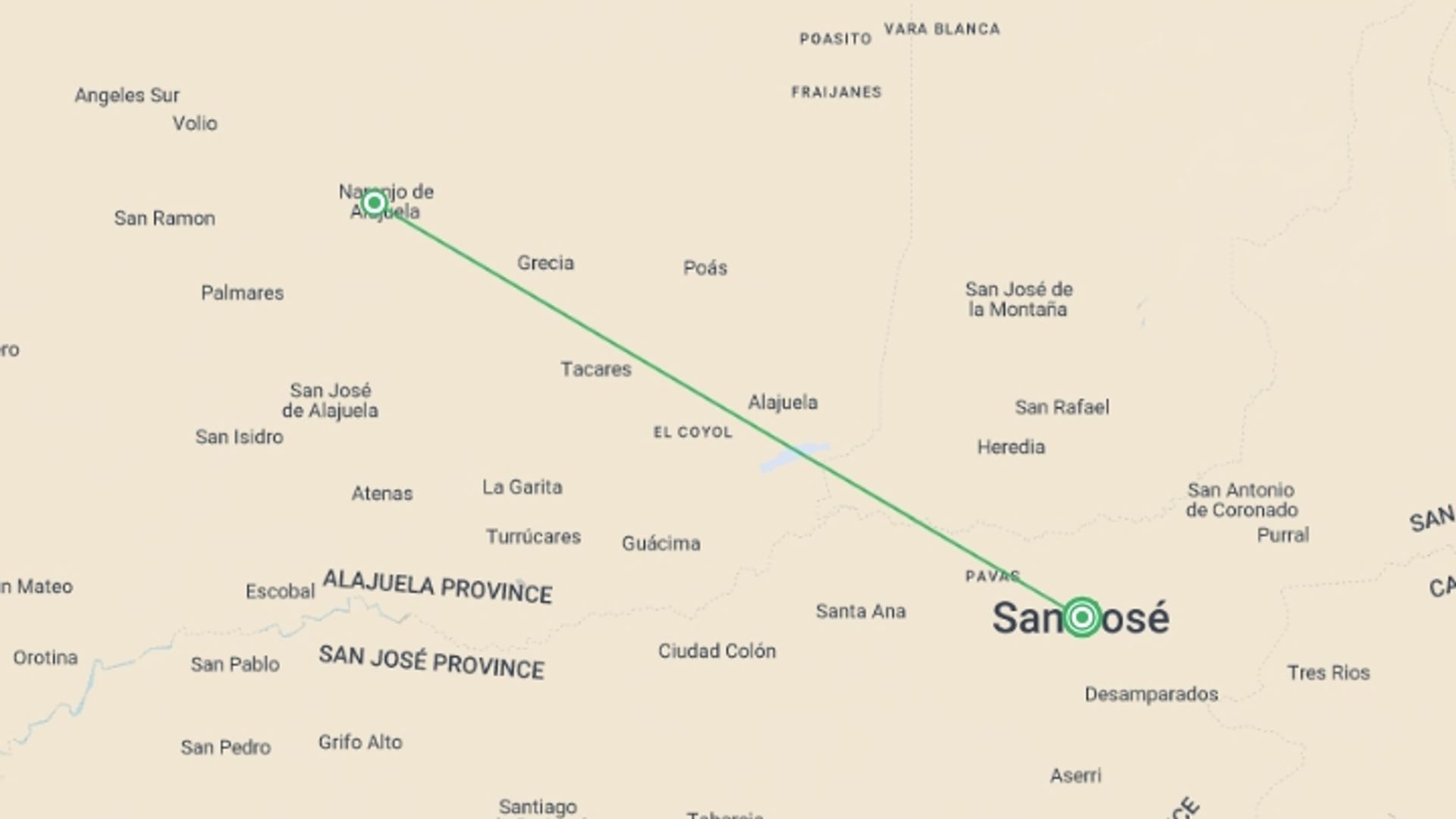 A map showing the tour itinerary for the trip: Costa Rica Unique Stay At Naranjo, Short Break (on Request), starting in San Jose, Costa Rica and ending in San Jose, Costa Rica going through 1 other destinations.