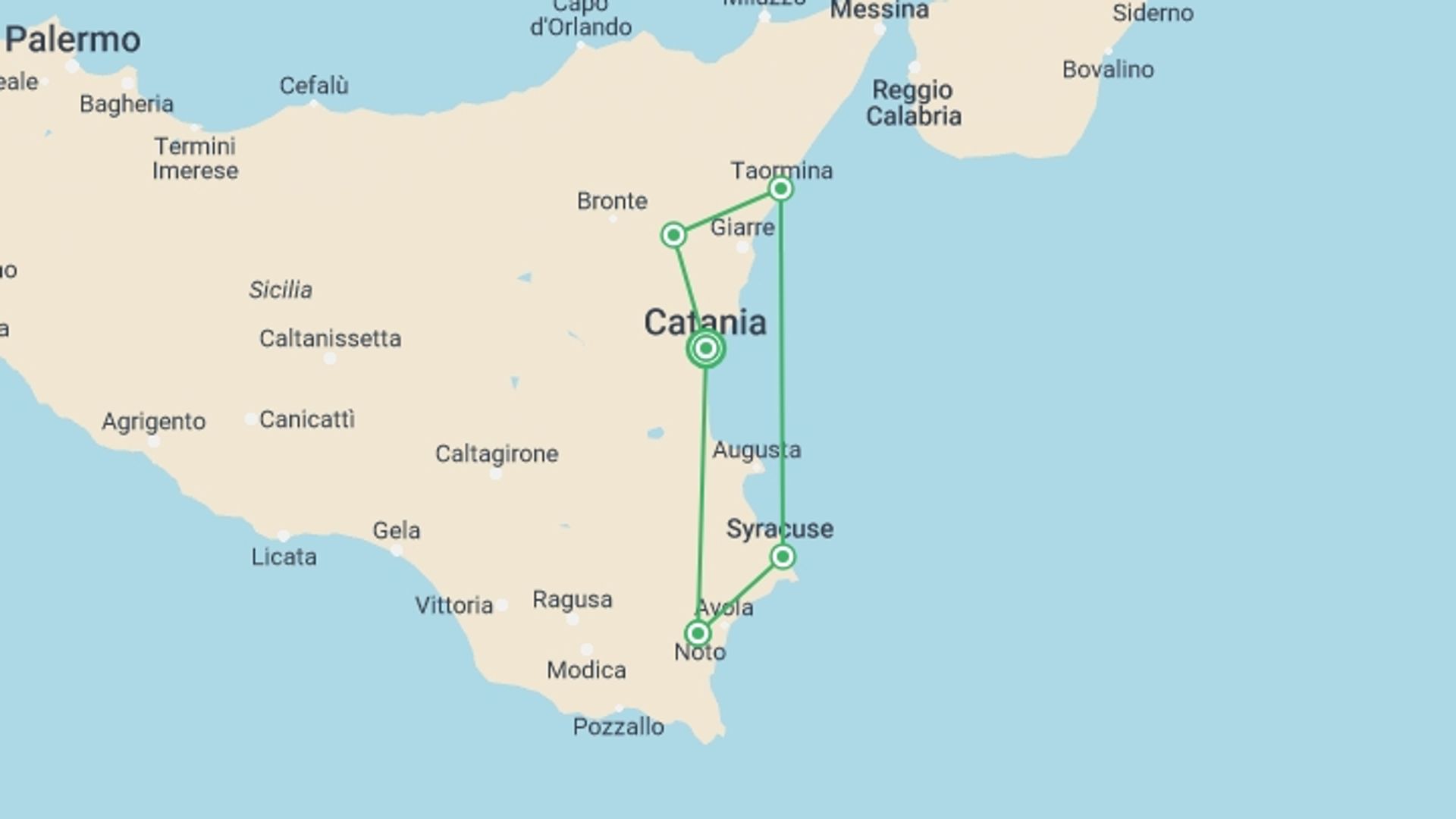 A map showing the tour itinerary for the trip: Sicily: Vino & Volcanoes, starting in Catania, Italy and ending in Catania, Italy going through 4 other destinations.