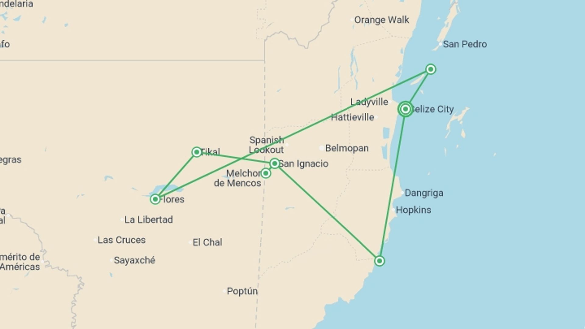 A map showing the tour itinerary for the trip: Discover Belize, starting in Belize City, Belize and ending in Belize City, Belize going through 6 other destinations.