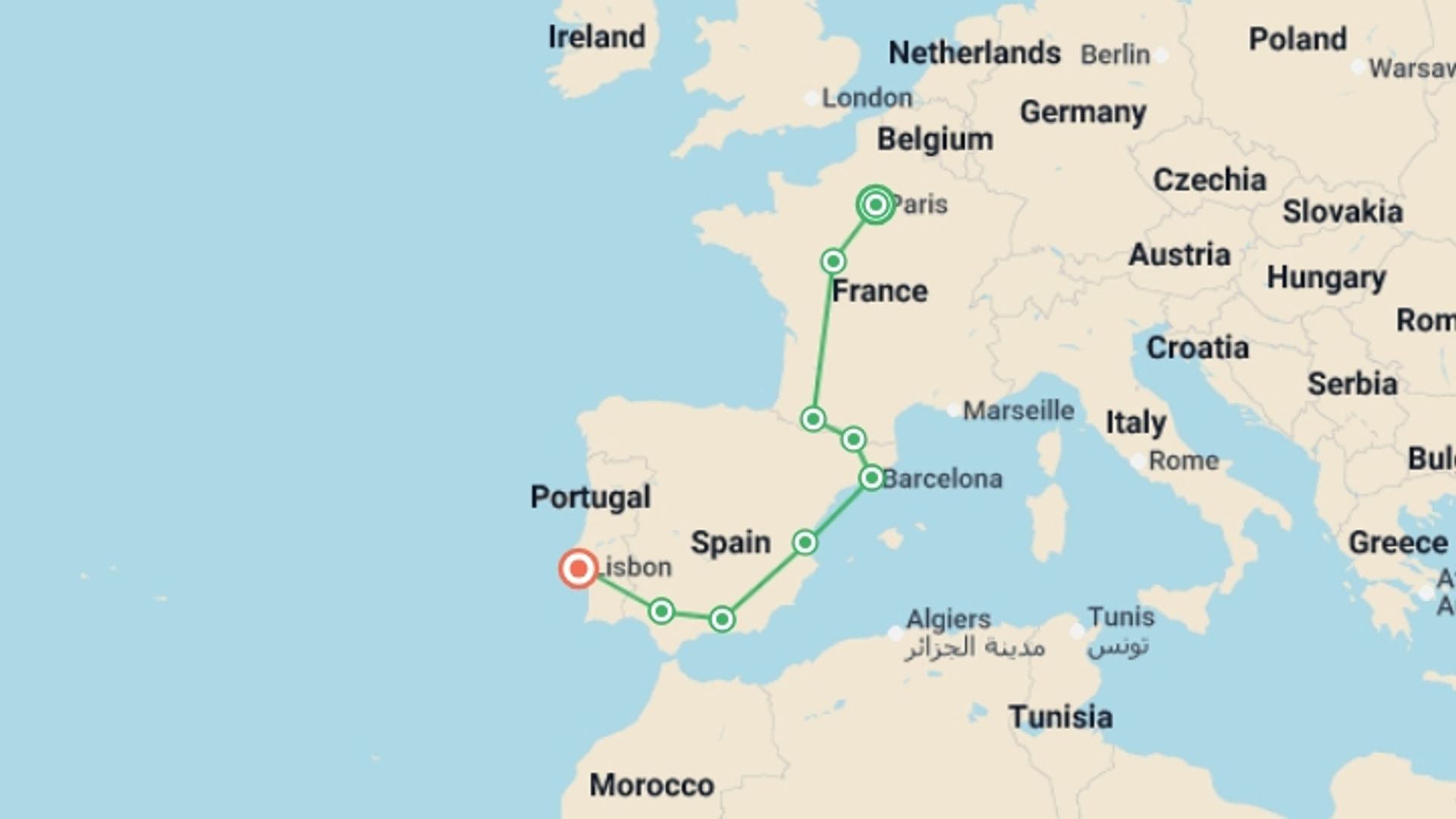 A map showing the tour itinerary for the trip: France, Spain and Portugal, starting in Paris, France and ending in Lisbon, Portugal going through 7 other destinations.
