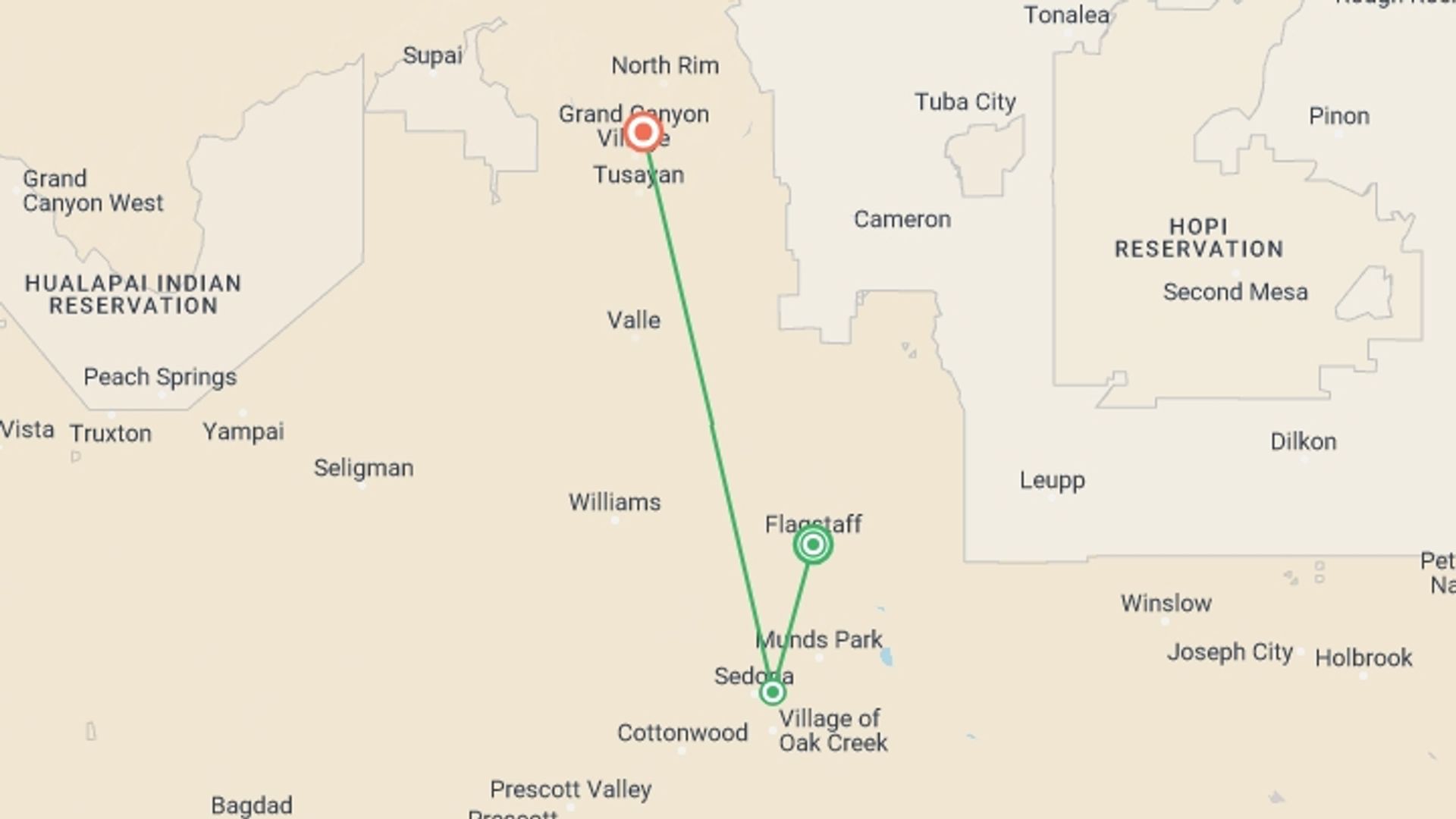 A map showing the tour itinerary for the trip: Hiking in Sedona and the Grand Canyon, starting in Flagstaff, USA and ending in Grand Canyon, USA going through 2 other destinations.