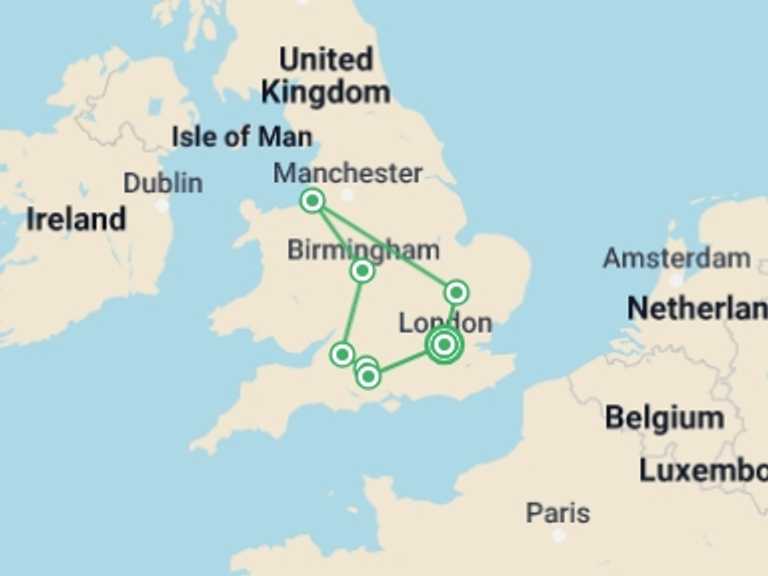 Map of London Explorer Tour with 4 destination visits for the trip: Touring Southern England with London