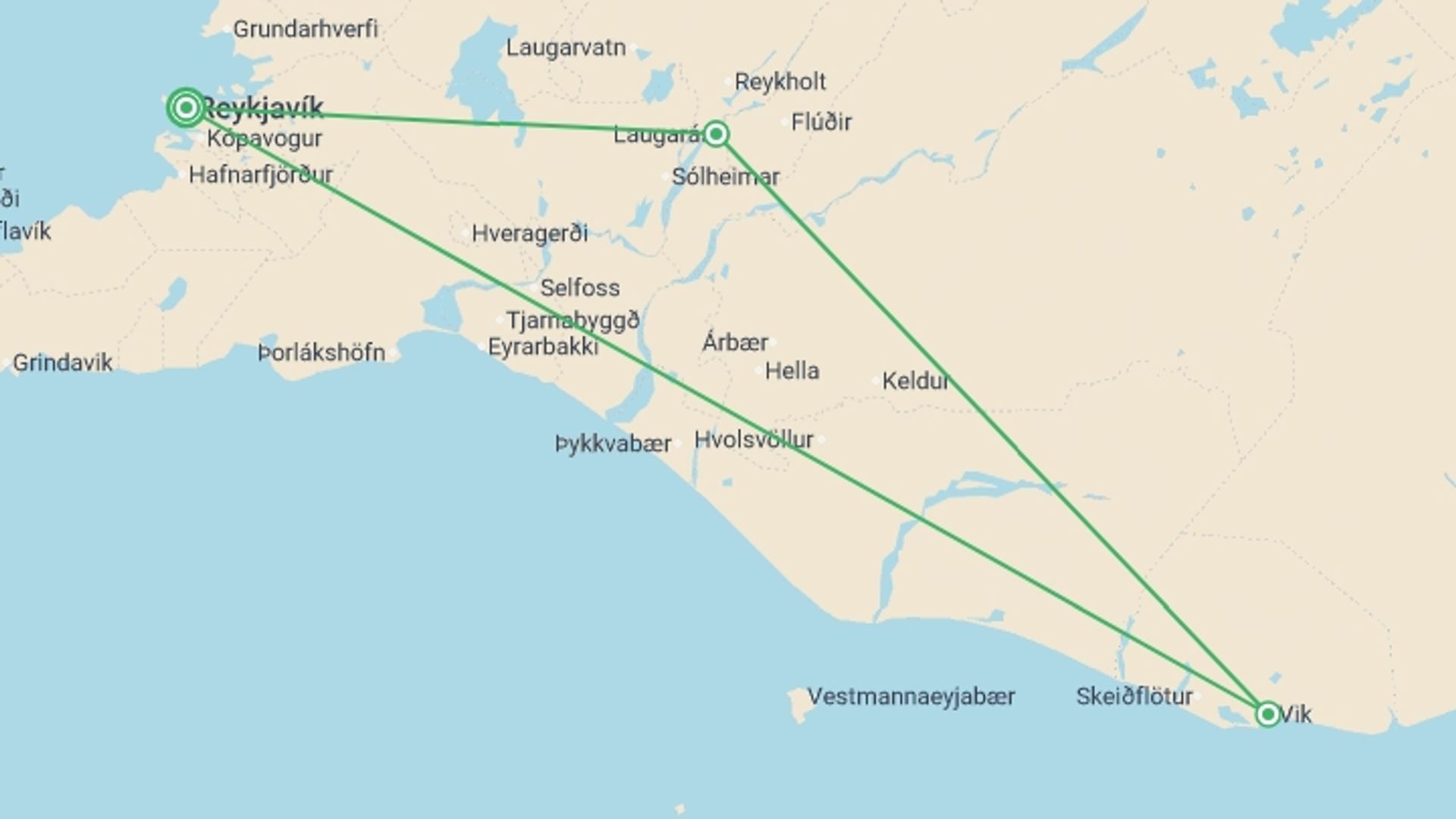 A map showing the tour itinerary for the trip: Six Days in Iceland, starting in Reykjavik, Iceland and ending in Reykjavik, Iceland going through 2 other destinations.