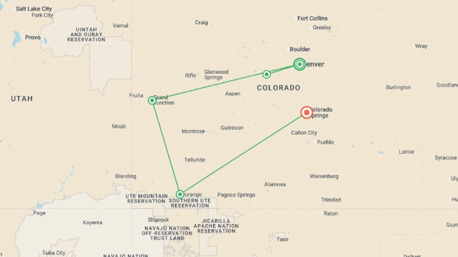 A map showing the tour itinerary for the trip: Colorado Rockies, starting in Denver, USA and ending in Colorado Springs , USA going through 4 other destinations.