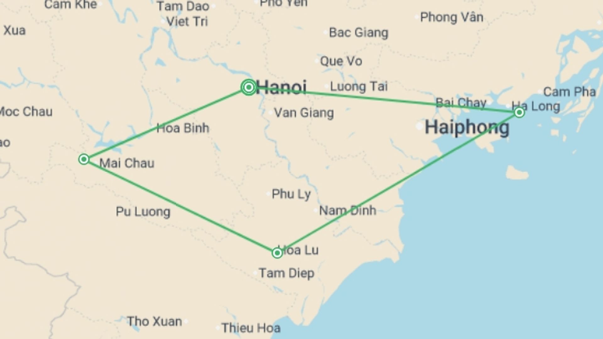 A map showing the tour itinerary for the trip: Journey through Northern Vietnam A Cultural Exploration from Hanoi to Ha Long Bay, starting in Hanoi, Vietnam and ending in Hanoi, Vietnam going through 3 other destinations.