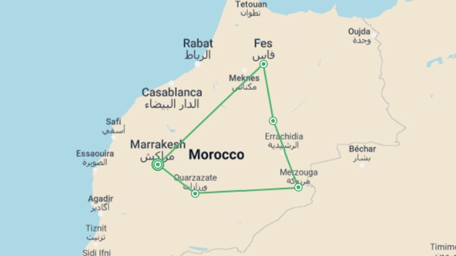 A map showing the tour itinerary for the trip: Sahara And Big South, Private Tour, starting in Marrakech, Morocco and ending in Marrakech, Morocco going through 5 other destinations.