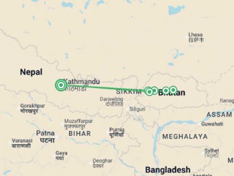 Map of Asia Tour with 6 destination visits for the trip: Festivals of Bhutan – Trongsa