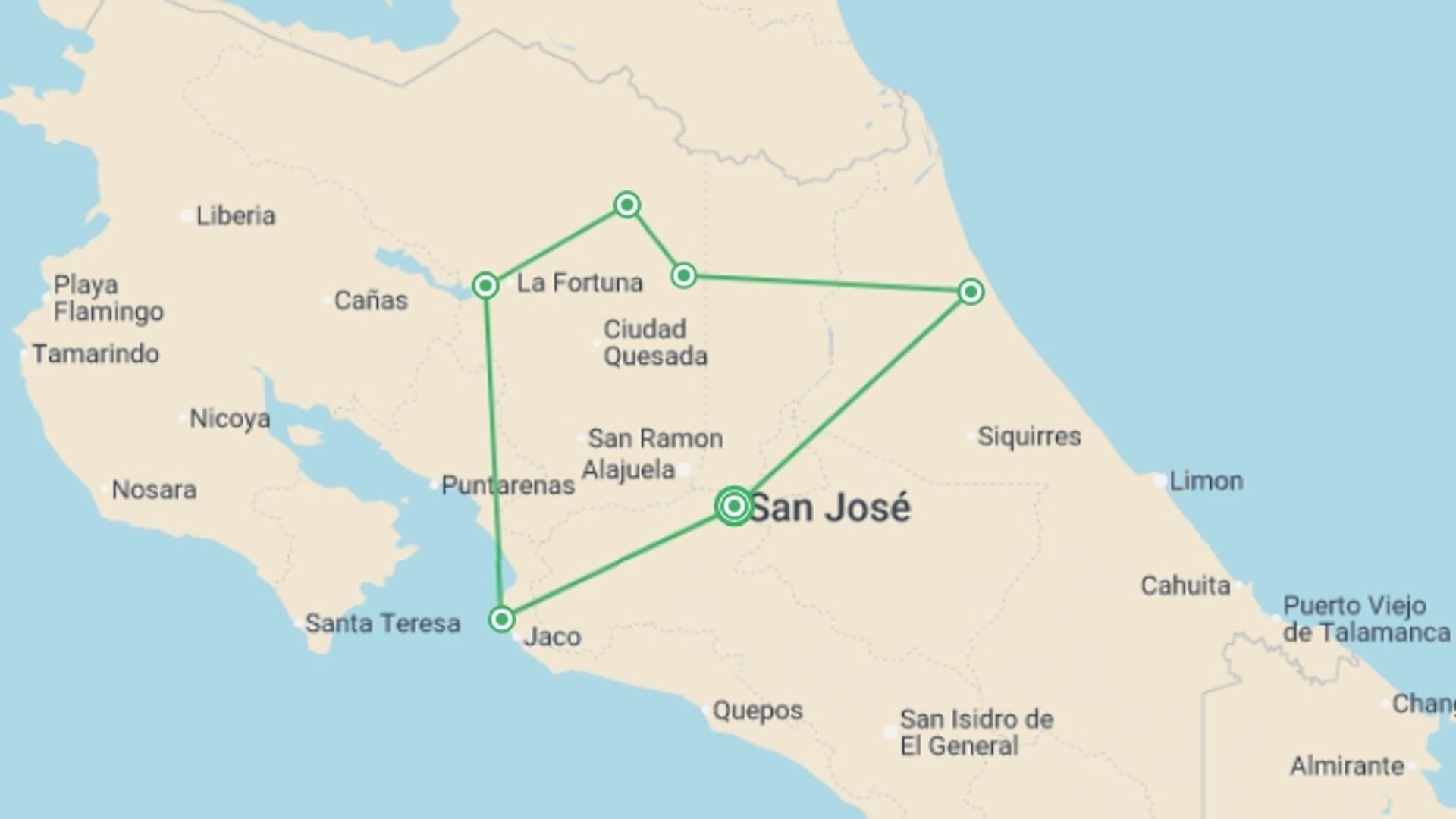 A map showing the tour itinerary for the trip: Costa Rica: A World of Nature featuring Tortuguero National Park, Arenal Volcano & Manuel Antonio National Park, starting in San Jose, Costa Rica and ending in San Jose, Costa Rica going through 4 other destinations.