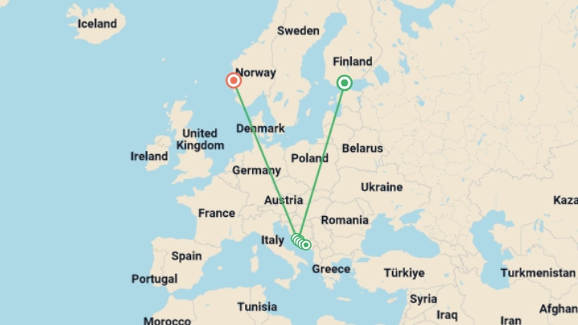 A map showing the tour itinerary for the trip: Croatia: Sail & Swim, starting in Helsinki, Finland and ending in Bergen, Norway going through 6 other destinations.