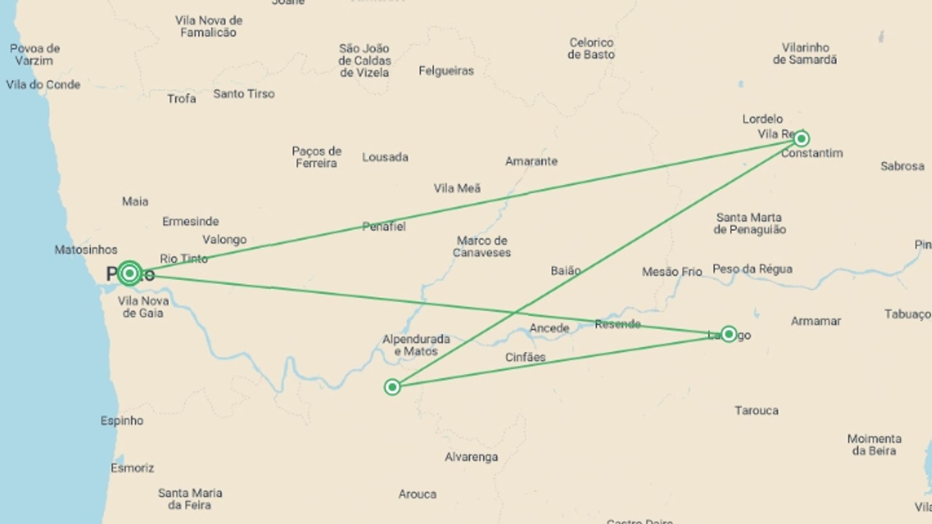 A map showing the tour itinerary for the trip: The Best of Porto with a Douro Valley Cruise, starting in Porto, Portugal and ending in Porto, Portugal going through 3 other destinations.