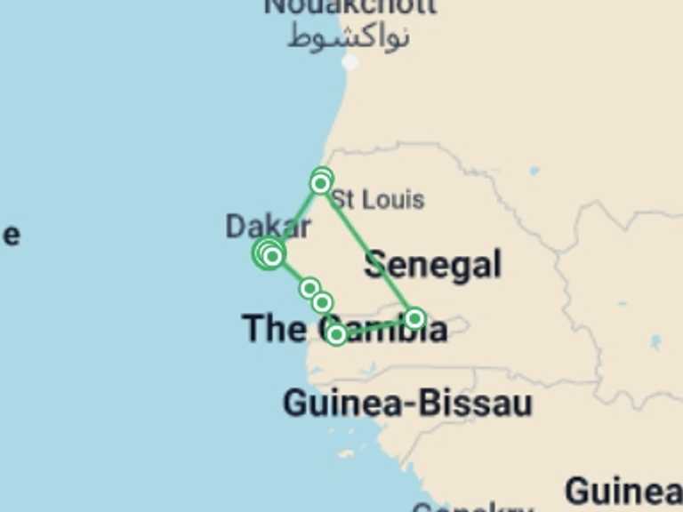 Map of a Cruise Tour with 8 destination visits for the trip: Senegal and The Gambia