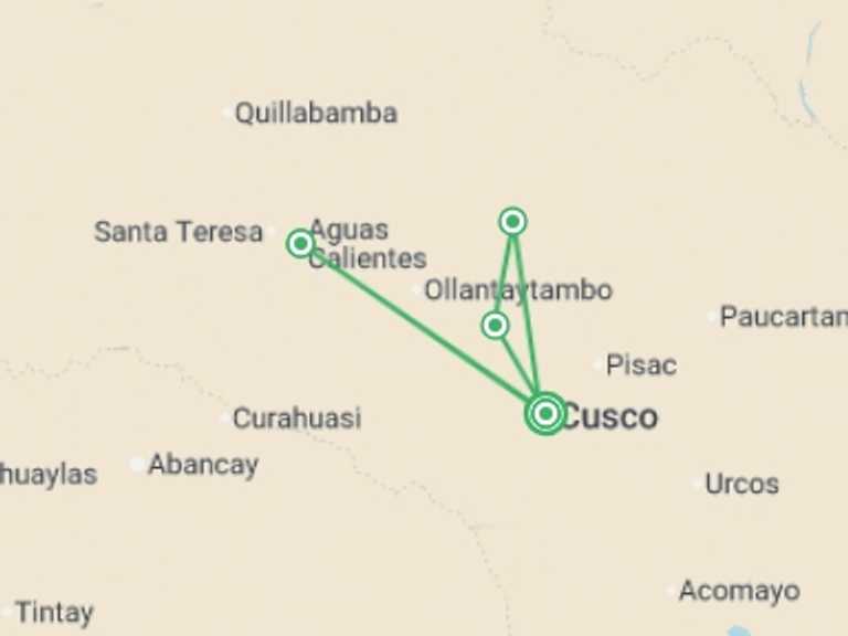 Map of South America Tour with 6 destination visits for the trip: Lares Trek to Machu Picchu