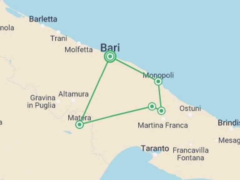 Map itinerary of Bari Tour in July 2026 with 5 destination visits for the trip: Journey through Puglia to Matera