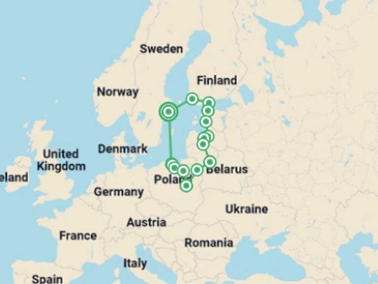Map itinerary of Europe Tour in June 2026 with 8 destination visits for the trip: Baltic Capitals and Poland Start Stockholm
