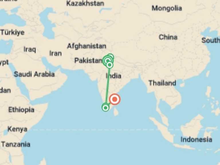 Map of 13-Day India Tour with 6 destination visits for the trip: Yoga And Wellness In India