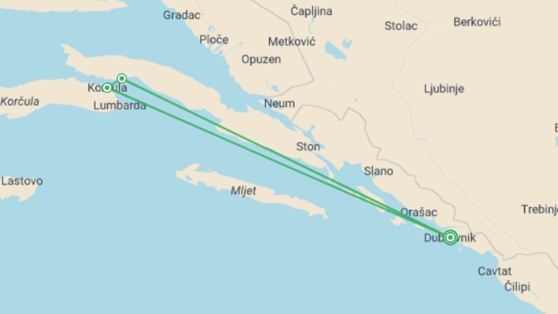 A map showing the tour itinerary for the trip: Dubrovnik In Depth & Korcula (3 Star) - 8 days, starting in Dubrovnik, Croatia and ending in Dubrovnik, Croatia going through 0 other destinations.