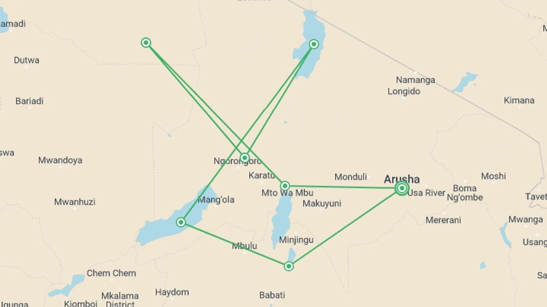 A map showing the tour itinerary for the trip: Best of Tanzania Safari Luxury Adventure Tour, starting in Arusha, Tanzania and ending in Arusha, Tanzania going through 7 other destinations.