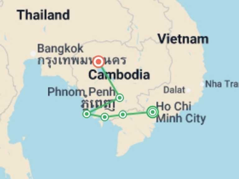 Map itinerary of Ho Chi Minh City Tour in Winter with 6 destination visits for the trip: Vietnam to Cambodia: Ho Chi Minh City, Siem Reap & Beach Bars