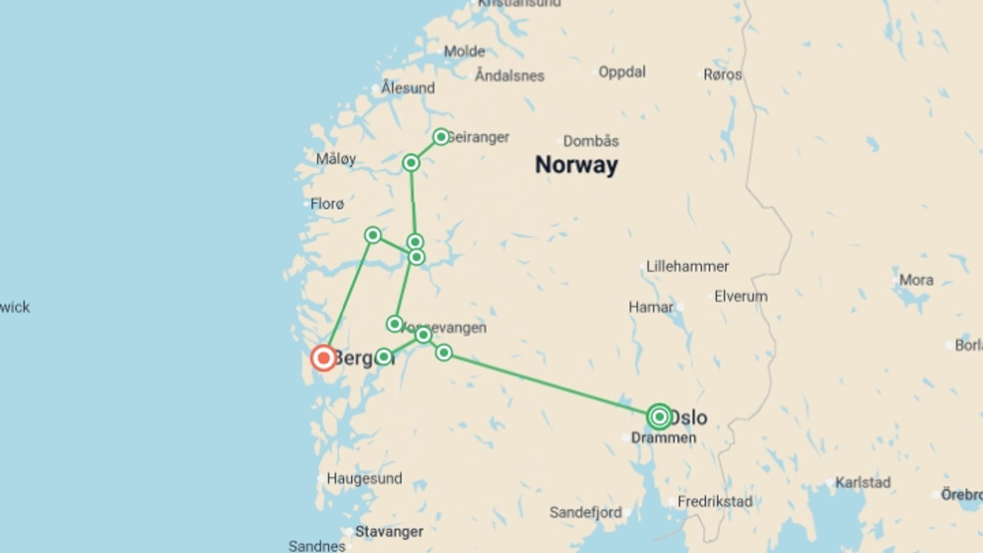 A map showing the tour itinerary for the trip: Norway: Fjords and Glaciers, starting in Oslo, Norway and ending in Bergen, Norway going through 4 other destinations.