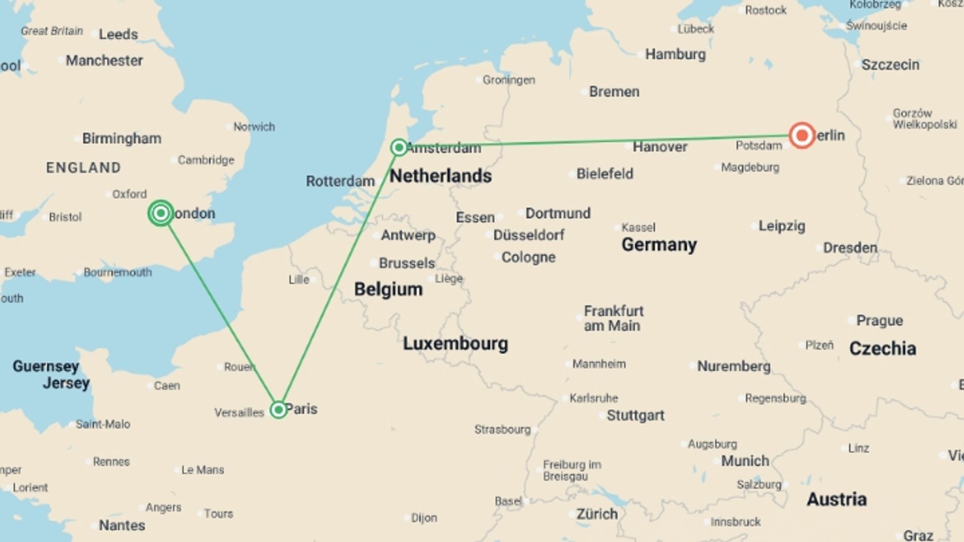 A map showing the tour itinerary for the trip: London to Berlin by Train, starting in London, England and ending in Berlin, Germany going through 2 other destinations.