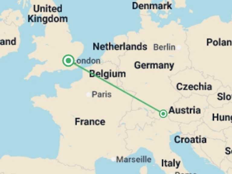 Map itinerary of Europe Tour in January 2027 with 3 destination visits for the trip: Ski Austria: 2 Weeks
