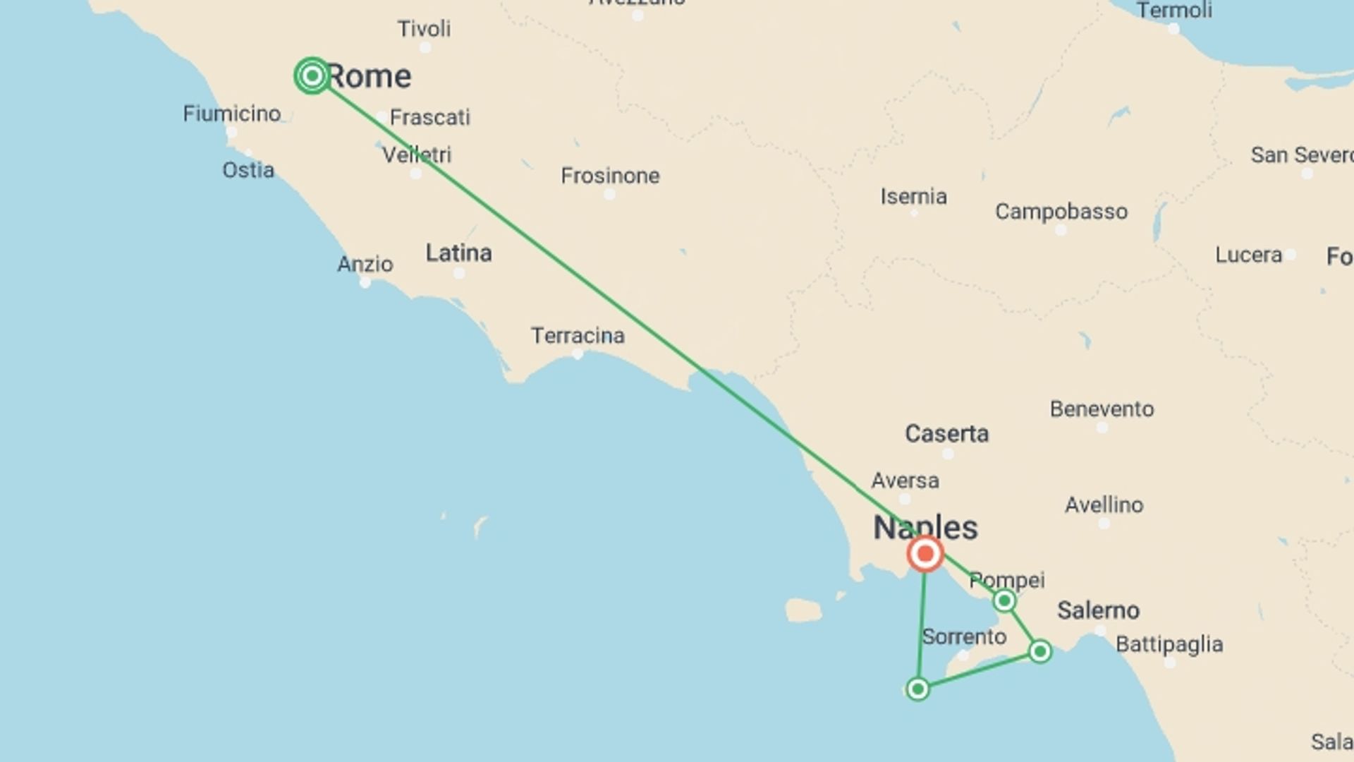 A map showing the tour itinerary for the trip: Treasures of Rome and Amalfi Coast, starting in Rome, Italy and ending in Naples, Italy going through 3 other destinations.