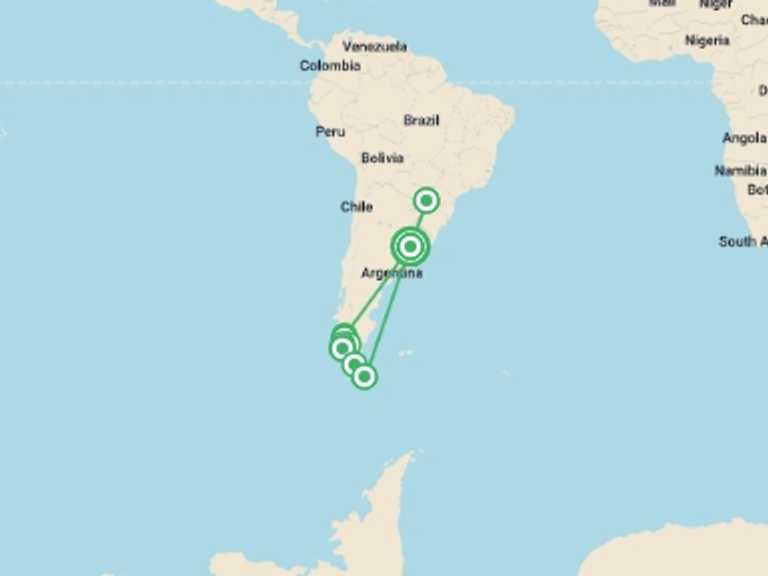 Map of South America Tour with 11 destination visits for the trip: Adventures in Patagonia + Iguazu Extension