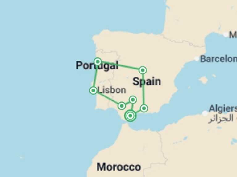 Map itinerary of Spain Tour in March 2027 with 7 destination visits for the trip: Andalucia & Portugal Highlights - 10 days