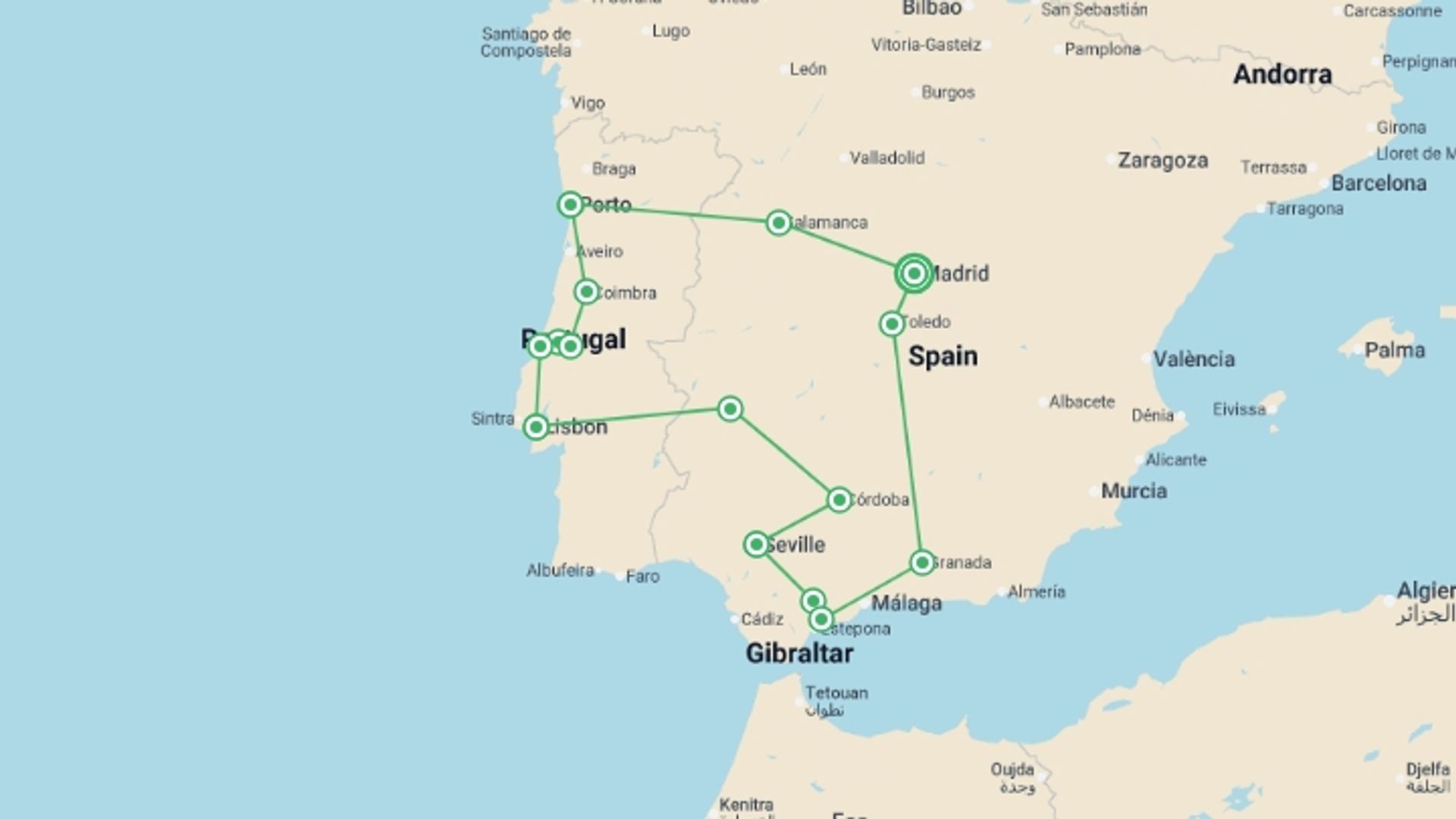 A map showing the tour itinerary for the trip: Portugal & Andalucia Explorer (Superior) - 14 days, starting in Madrid, Spain and ending in Madrid, Spain going through 7 other destinations.