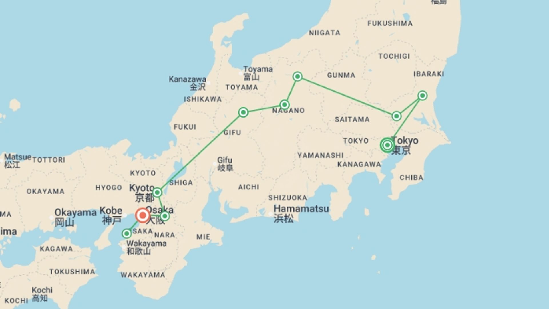 A map showing the tour itinerary for the trip: Japan Hidden Gems Escorted Discovery Tour, starting in Tokyo, Japan and ending in Osaka, Japan going through 8 other destinations.