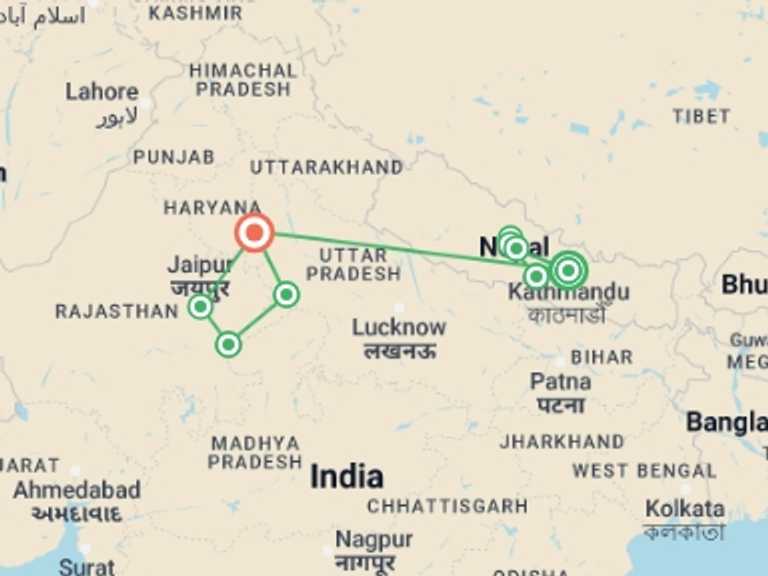 Map of a Cultural, religious and historic sites Tour with 10 destination visits for the trip: Essential Nepal & India (4 Star Hotels)