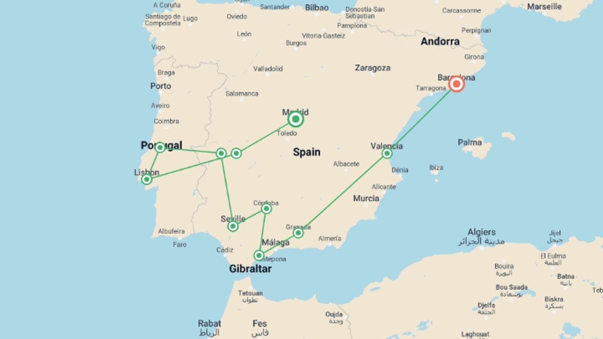 A map showing the tour itinerary for the trip: Charming Spain and Portugal (10 Days), starting in Madrid, Spain and ending in Barcelona, Spain going through 9 other destinations.