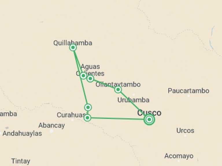 Map of Santa Teresa Tour with 6 destination visits for the trip: Salkantay trek to Machu Picchu