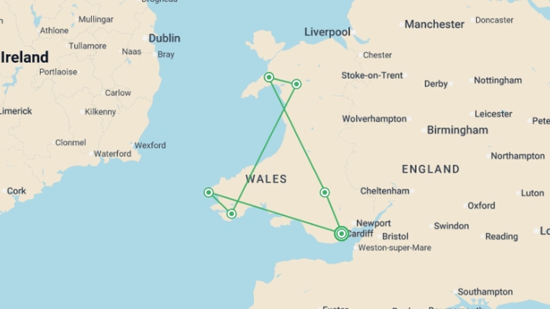 A map showing the tour itinerary for the trip: The Wonders of Wales, starting in Cardiff, Wales and ending in Cardiff, Wales going through 5 other destinations.