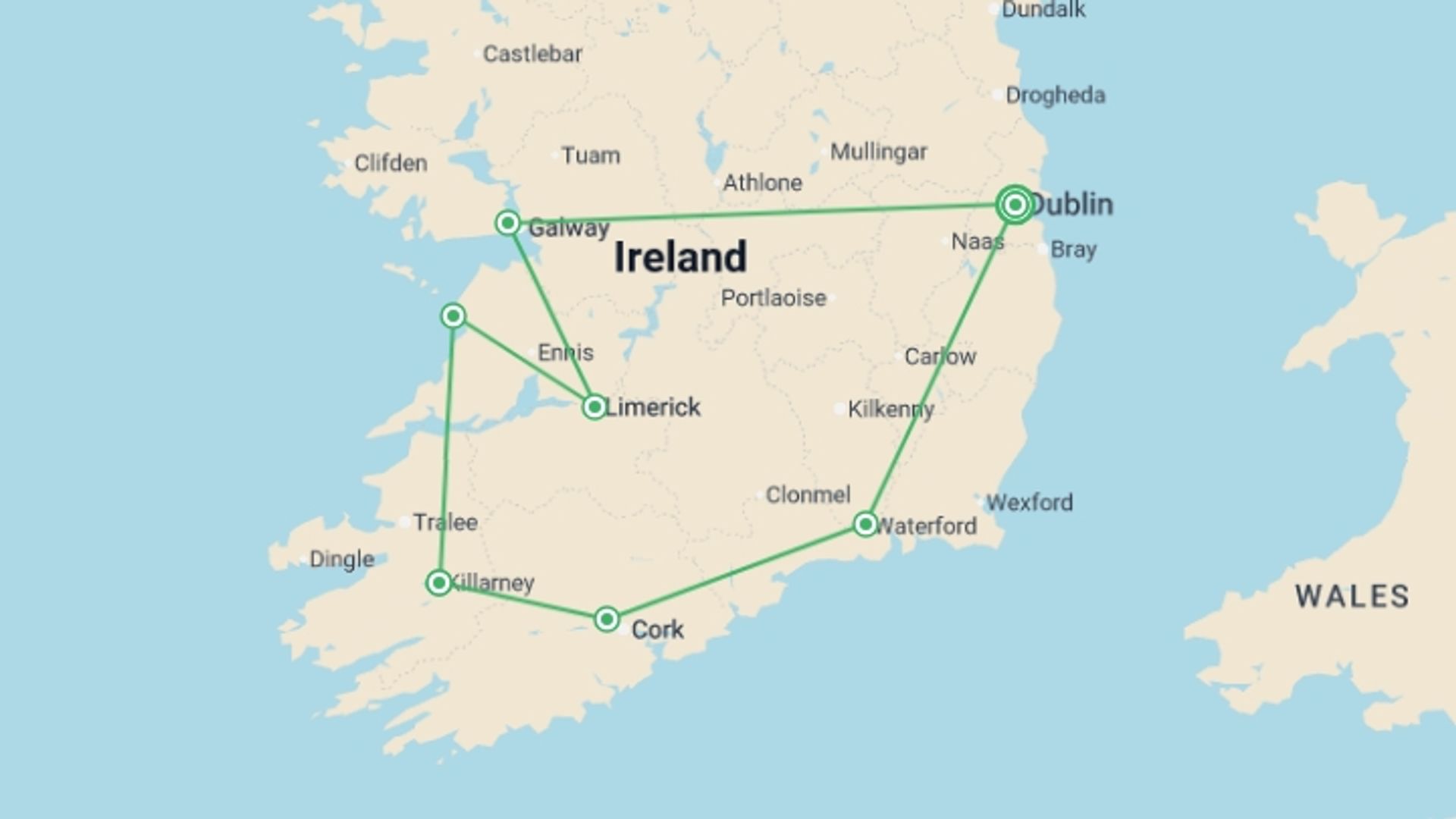 A map showing the tour itinerary for the trip: Irish Highlights, starting in Dublin, Ireland and ending in Dublin, Ireland going through 3 other destinations.