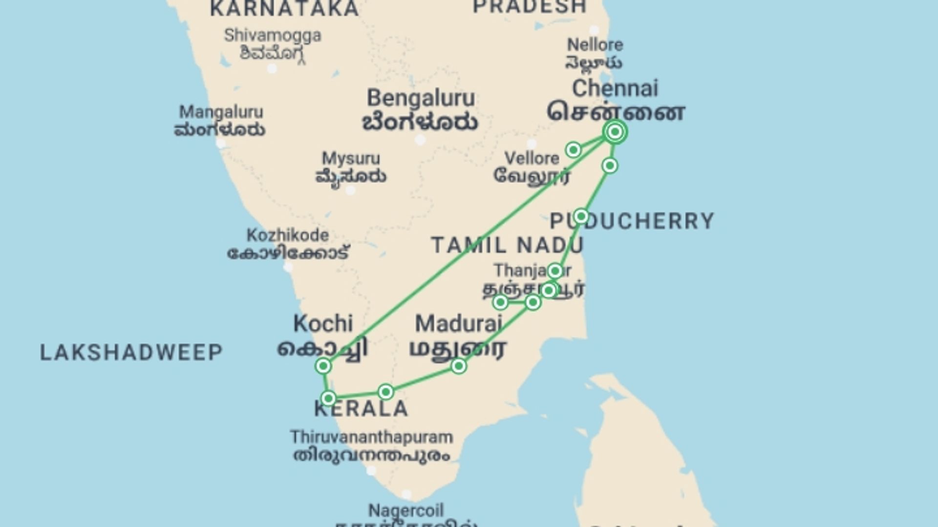 A map showing the tour itinerary for the trip: Tamil Nadu And Kerala, starting in Chennai, India and ending in Chennai, India going through 7 other destinations.