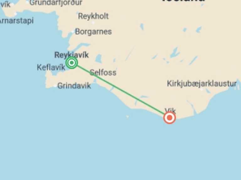 Map itinerary of Reykjavik Tour in November 2026 with 2 destination visits for the trip: Iconic Iceland