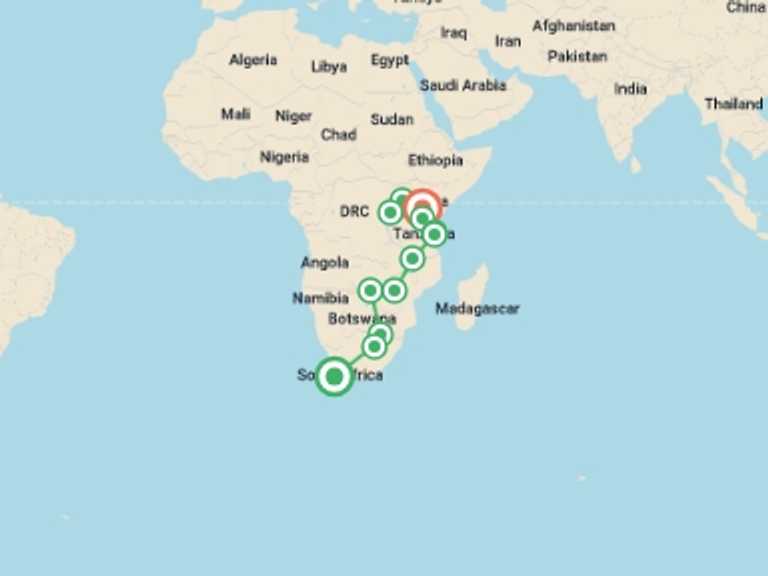 Map of a Overland Journeys Tour with 12 destination visits for the trip: Cape Town To Nairobi (100 Days)