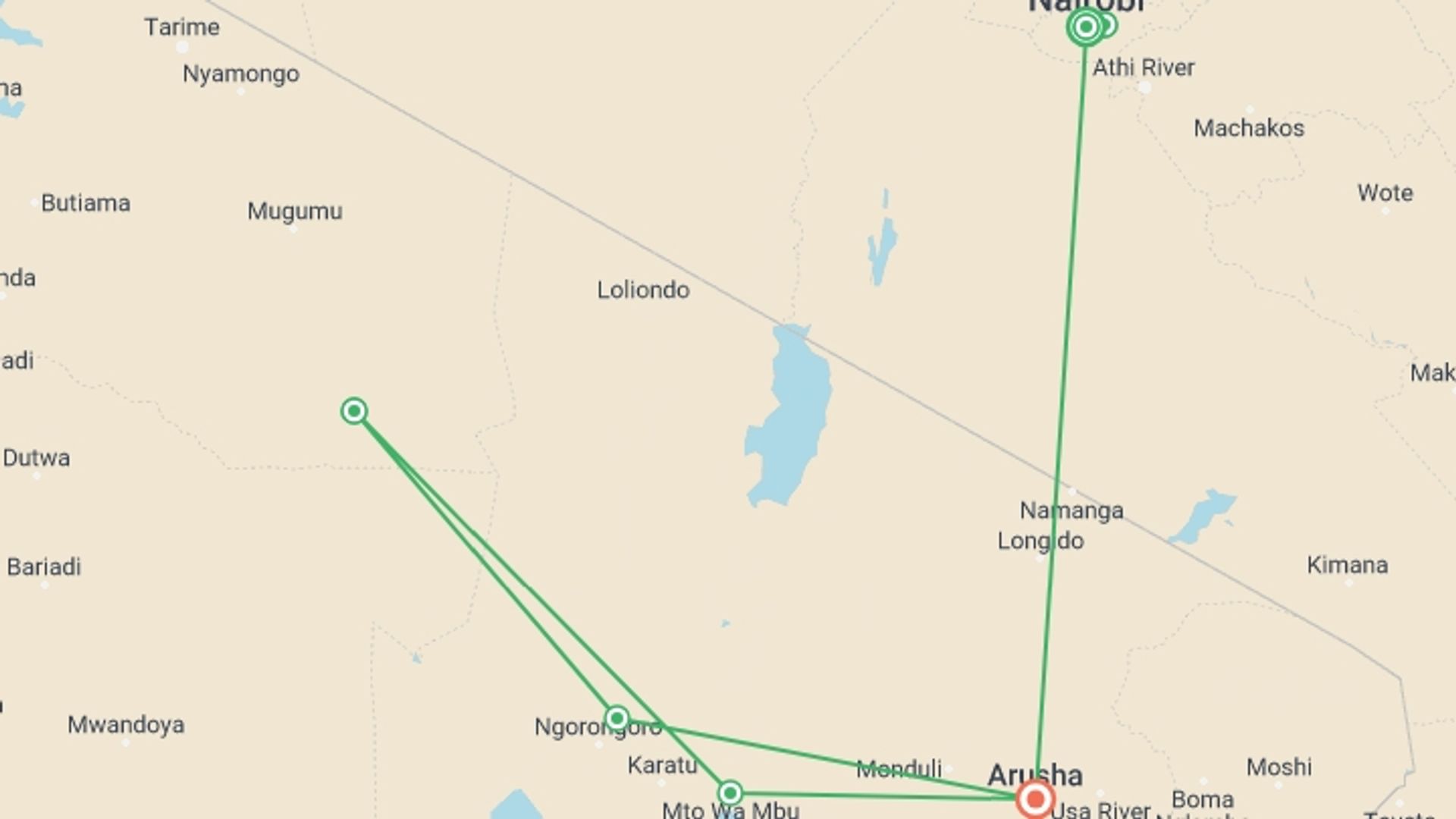 A map showing the tour itinerary for the trip: Masai & Tanzania Camping Safari, starting in Nairobi, Kenya and ending in Arusha, Tanzania going through 4 other destinations.