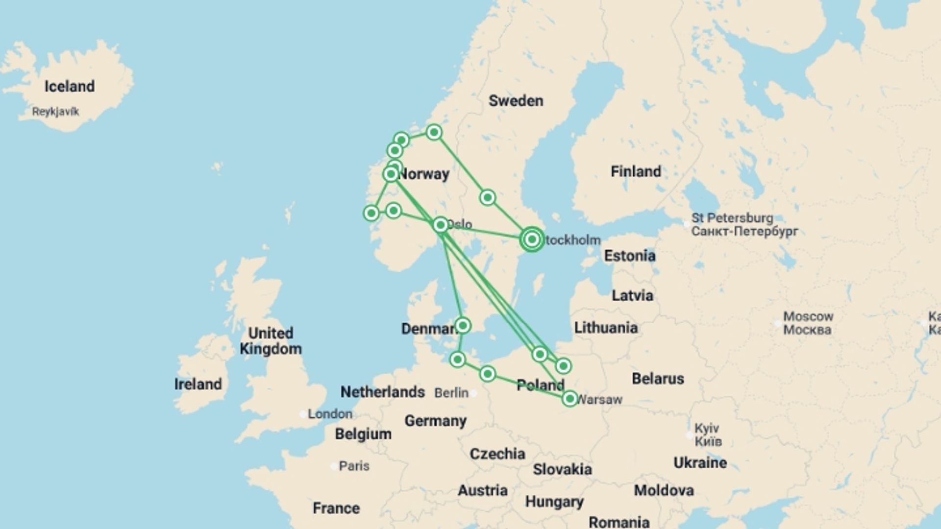 A map showing the tour itinerary for the trip: Legendary Fjords and Northern Poland, starting in Stockholm, Sweden and ending in Stockholm, Sweden going through 10 other destinations.
