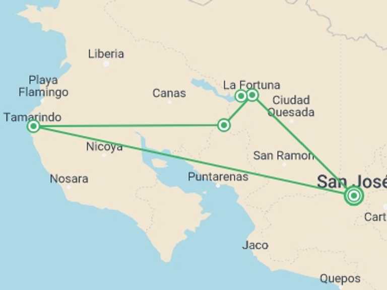 Map of a Eco Tour with 5 destination visits for the trip: Taste of Costa Rica