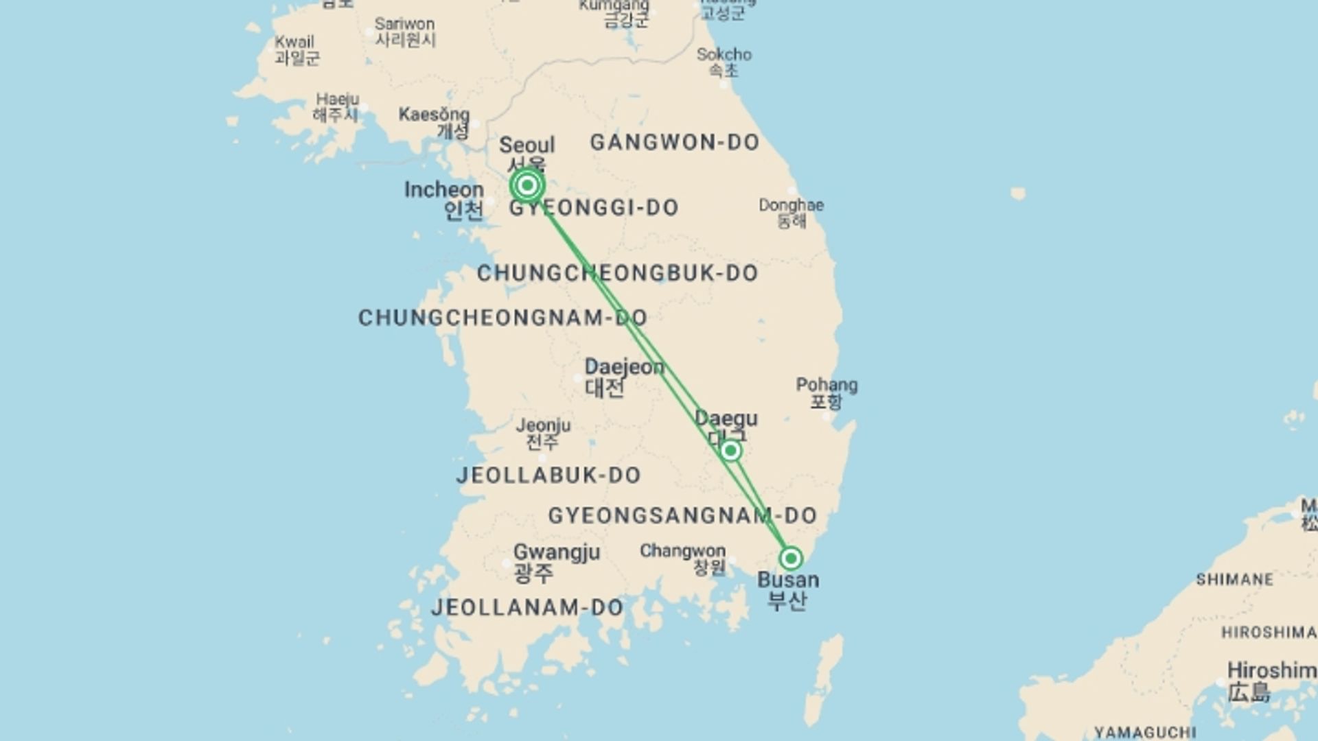 A map showing the tour itinerary for the trip: Essential Korea, starting in Seoul, South Korea and ending in Seoul, South Korea going through 2 other destinations.