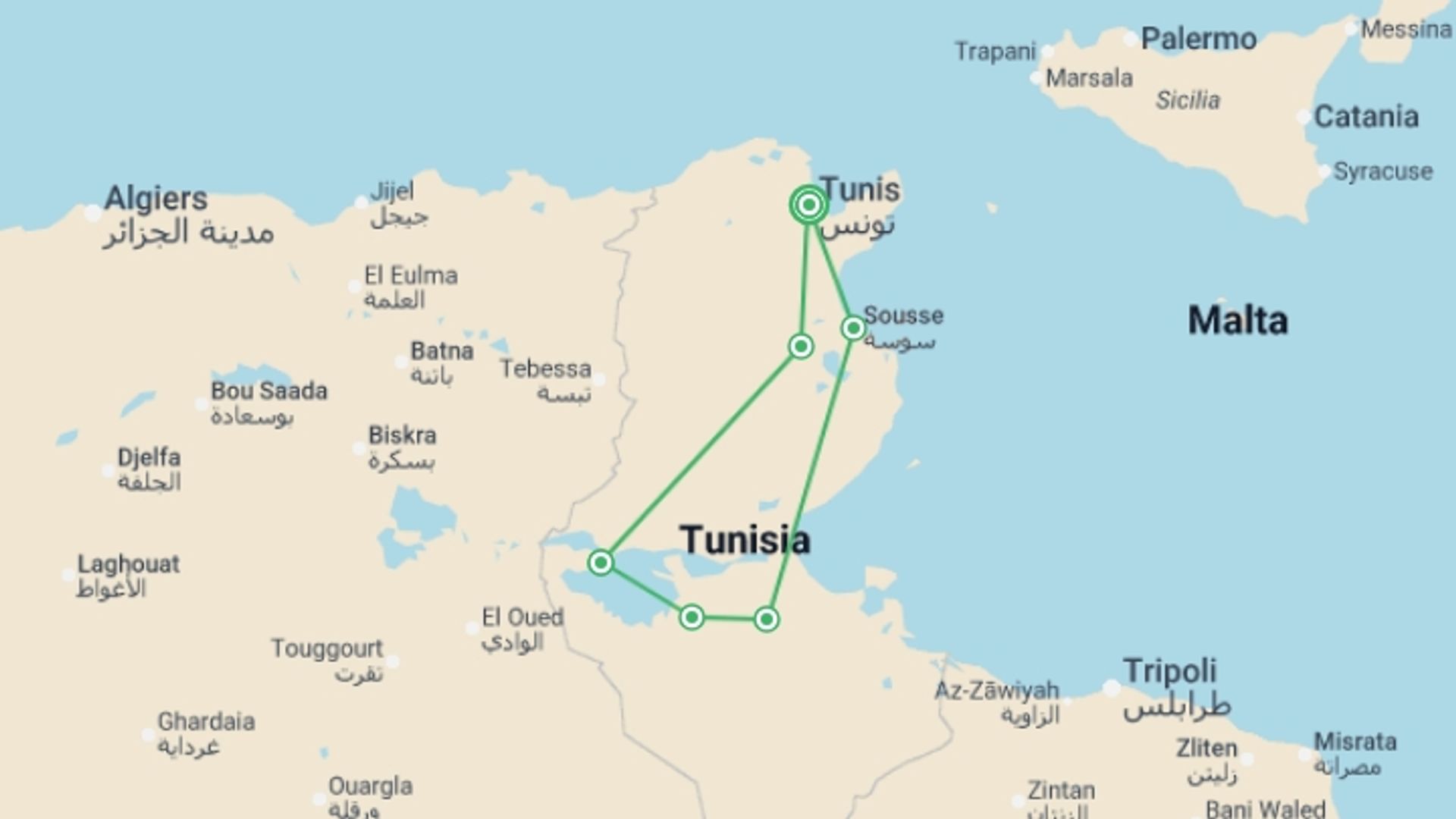 A map showing the tour itinerary for the trip: Best of Tunisia, starting in Tunis, Tunisia and ending in Tunis, Tunisia going through 5 other destinations.